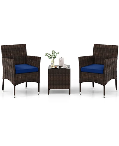 Sugift 3 Pieces Outdoor Conversation Set with Cushioned Seat and Glass Tabletop