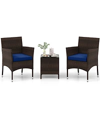 Sugift 3 Pieces Outdoor Conversation Set with Cushioned Seat and Glass Tabletop
