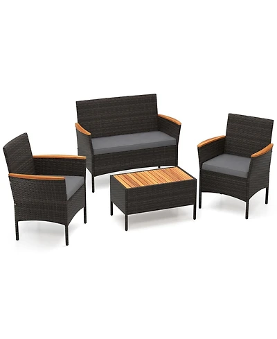 Sugift 4 Piece Patio Wicker Sofa Set with 2 Rattan Chairs Loveseat and Coffee Table