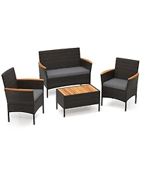 Sugift 4 Piece Patio Wicker Sofa Set with 2 Rattan Chairs Loveseat and Coffee Table