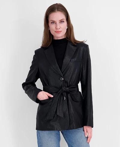 Tahari Women's Belted Faux Leather Trench Jacket