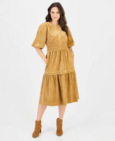 Robbie Bee Women's Corduroy Smocked-Waist Tiered Dress