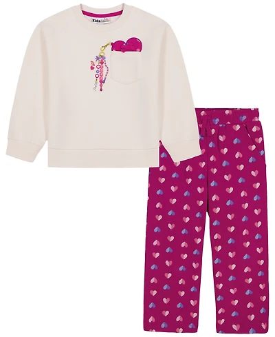 Kids Headquarters Toddler Girls' 2T-4T Heart Charm Pocket Sweatshirt and Print Pants, 2-Piece Set