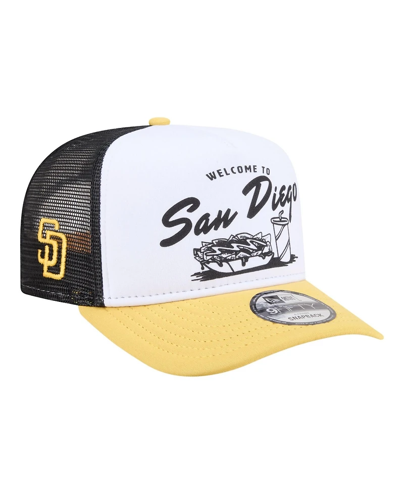 New Era Men's White, Gold San Diego Padres Foodie A-Frame 9FIFTY Trucker Snapback Hat