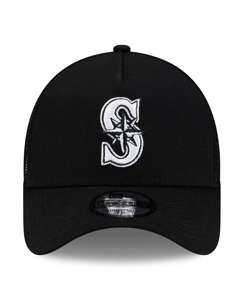 New Era Men's Black Seattle Mariners Side Script 9FORTY A-Frame Trucker Adjustable Hat
