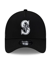 New Era Men's Black Seattle Mariners Side Script 9FORTY A-Frame Trucker Adjustable Hat
