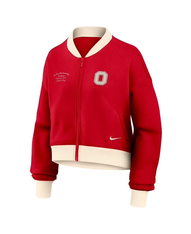 Nike Women's Scarlet Ohio State Buckeyes Oversized Academic Cropped Full-Zip Bomber Jacket