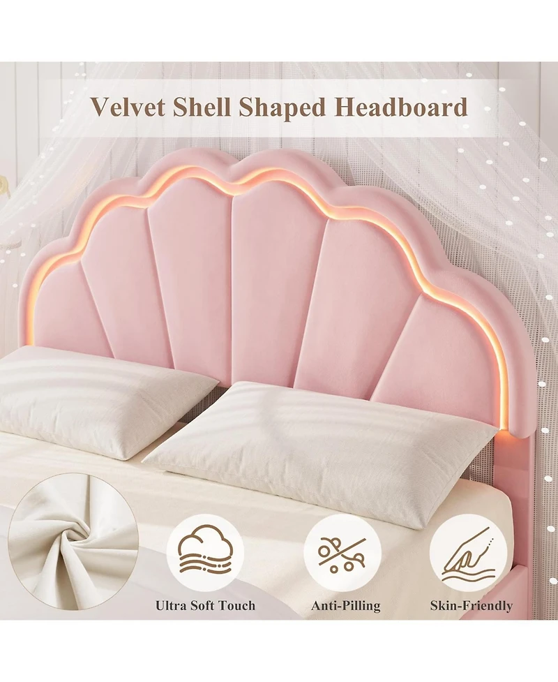 homfan Queen Bed Frame – Velvet Platform Bed with Adjustable Seashell Headboard and Led Light, Under Bed Storage, No Box Spring Needed