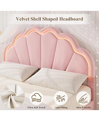 homfan Queen Bed Frame – Velvet Platform Bed with Adjustable Seashell Headboard and Led Light, Under Bed Storage, No Box Spring Needed