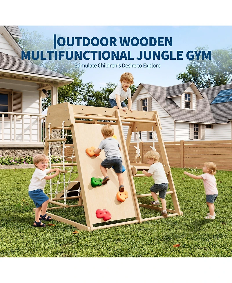 homfan 6 in 1 Wooden Indoor Jungle Gym, Wood Climbing Playset with Slide and Monkey Bars for Kids Ages 1 to 8