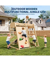 homfan 6 in 1 Wooden Indoor Jungle Gym, Wood Climbing Playset with Slide and Monkey Bars for Kids Ages 1 to 8