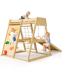 homfan 6 in 1 Wooden Indoor Jungle Gym, Wood Climbing Playset with Slide and Monkey Bars for Kids Ages 1 to 8