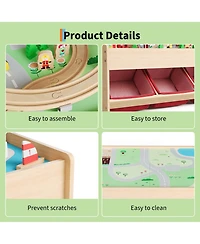 homfan Multi-Level Tracks 92-Piece Wooden Train Activity Table with Storage