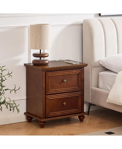 Streamdale Furniture Mid-Century Modern 2-Drawer Nightstand with Charging Station Walnut