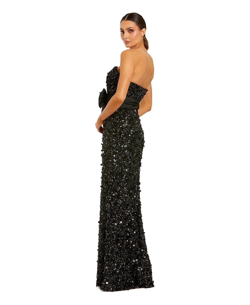 Mac Duggal Women's Strapless Sequin Column Gown with Velvet Bow