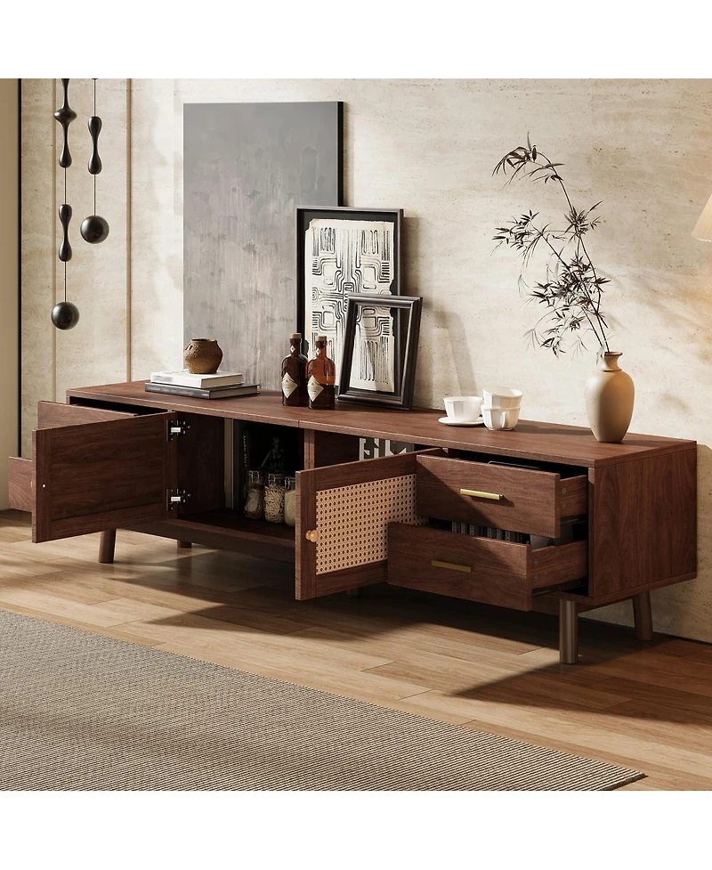 Streamdale Furniture 70" Modern Rattan Tv Stand with 4 Drawers and Storage for TVs up to 80