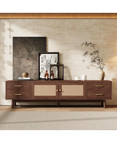 Streamdale Furniture 70" Modern Rattan Tv Stand with 4 Drawers and Storage for TVs up to 80