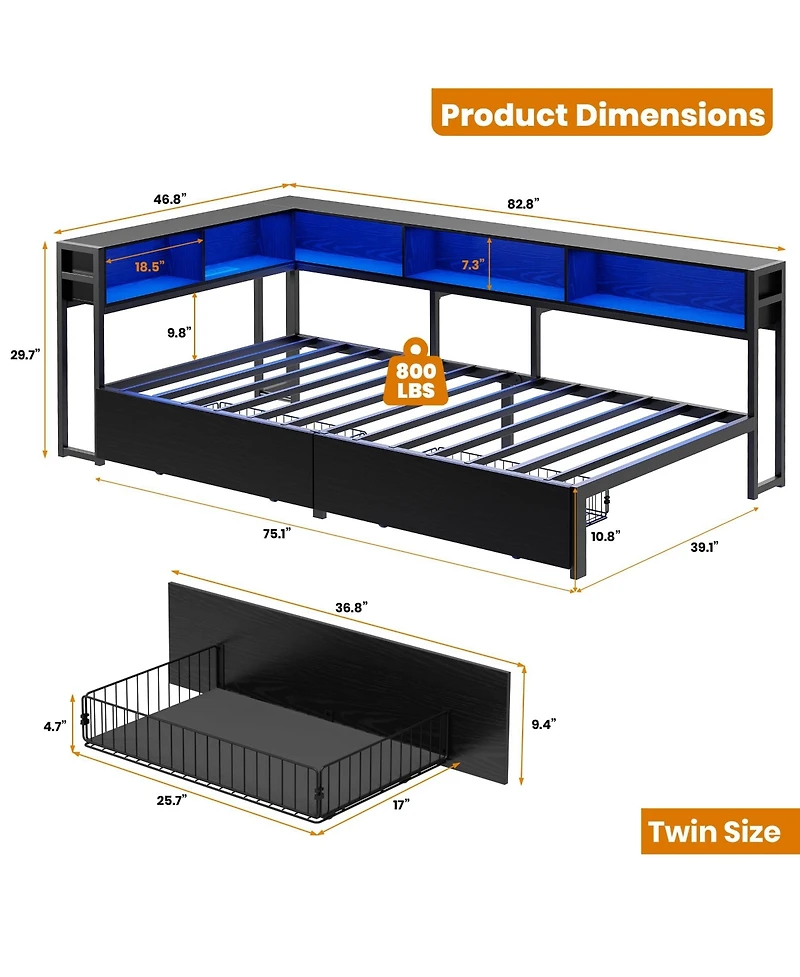 homfan Twin Daybed Frame with Corner Design – Storage Shelf and Drawers, Bookcase Headboard, Charging Station Led Light, Metal Platform Sofa Bed