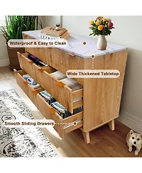 homfan Modern 6 Drawer Fluted Wood Dresser Faux Marble Top Handles Spacious Bedroom Storage Chest for Clothes Organization