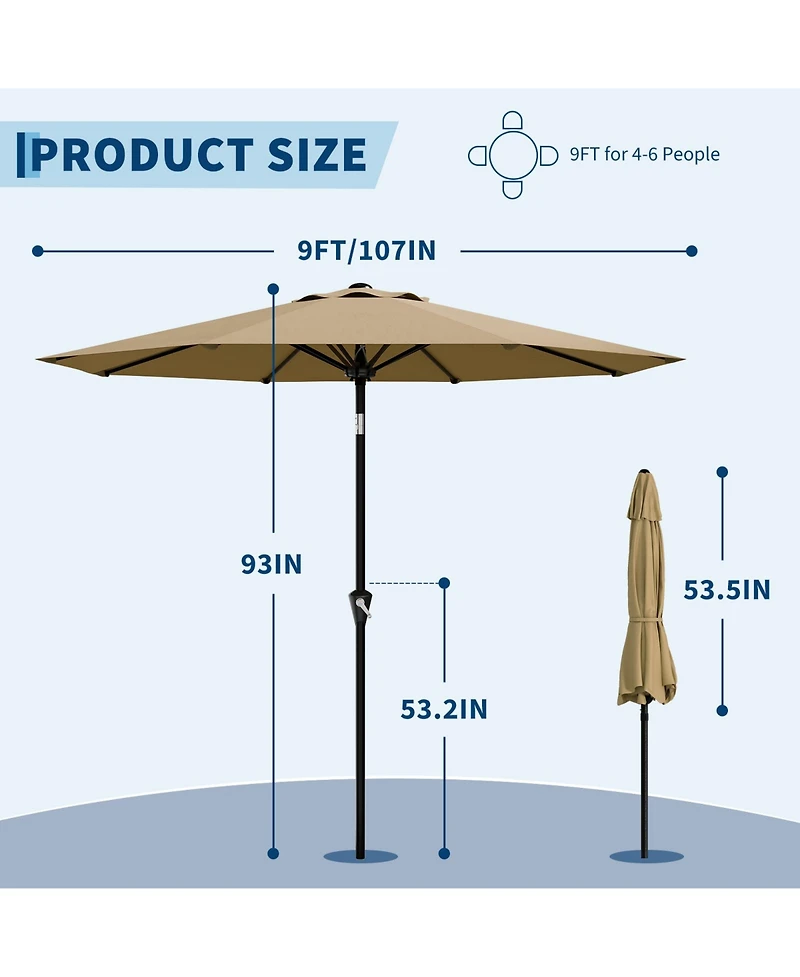 homfan 9Feet Outdoor Patio Umbrella With Protection, Crank And Push Button Tilt, 8 Sturdy Ribs, Sunshade For Garden Backyard Deck