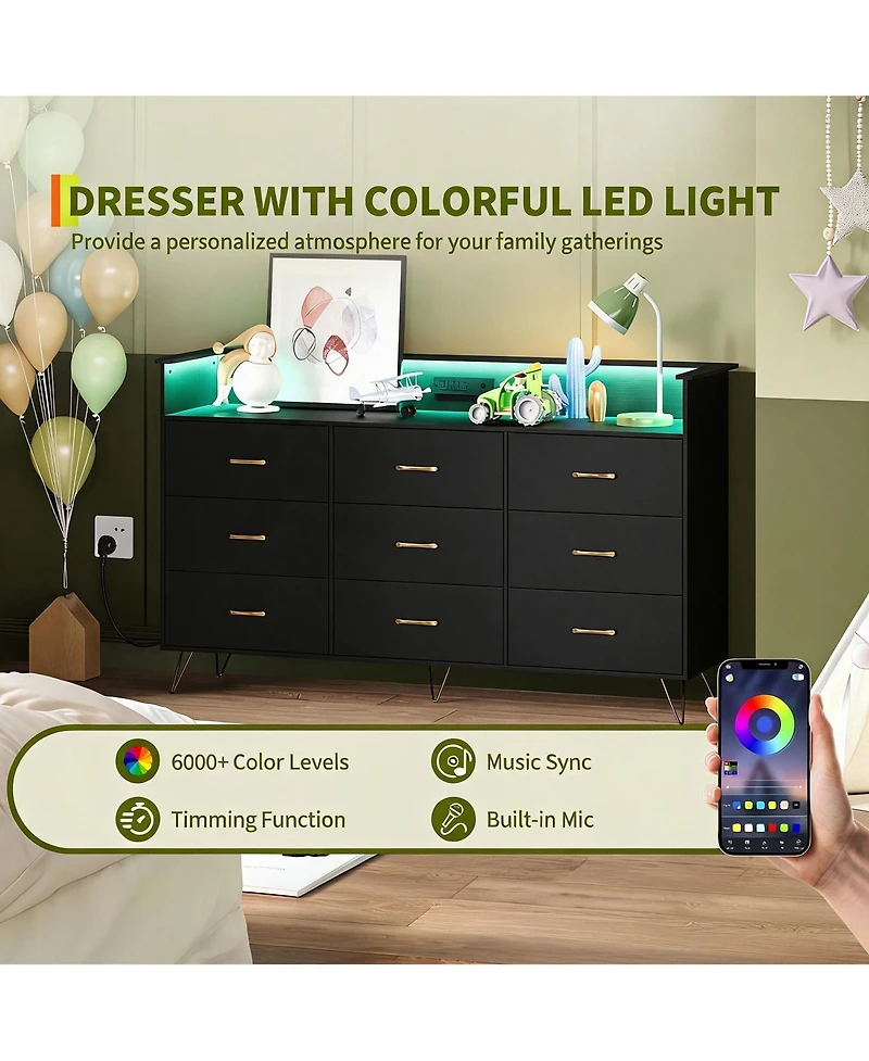 homfan Modern 9-Drawer Dresser with Rgb Led Lights, Wooden Storage Cabinet 3 Outlets and 2 Usb Ports, Spacious Chest for Bedroom