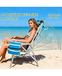 Aofar 17" Beach Chair Wide High Seat Cooler Cup Holder Reclining Towel Bar Pocket Striped