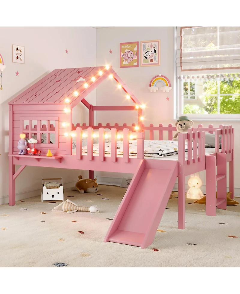 Streamdale Furniture Loft Bed With Slide, Playhouse, Stars, Window, Led Lights