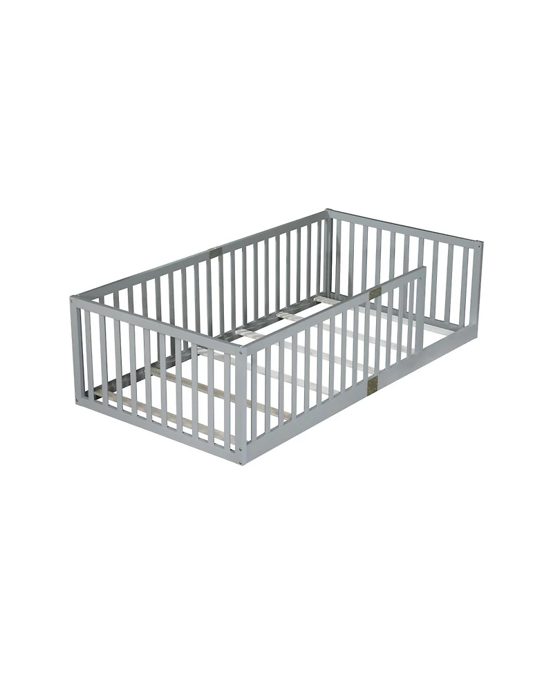 Streamdale Furniture Twin Size Floor Bed with High Fence Railings Rubber Wood