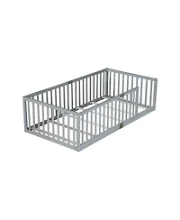 Streamdale Furniture Twin Size Floor Bed with High Fence Railings Rubber Wood