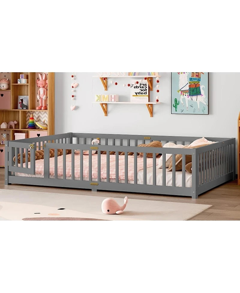 Streamdale Furniture Queen Size Bed Floor Bed with Safety Guardrails and Door for Kids