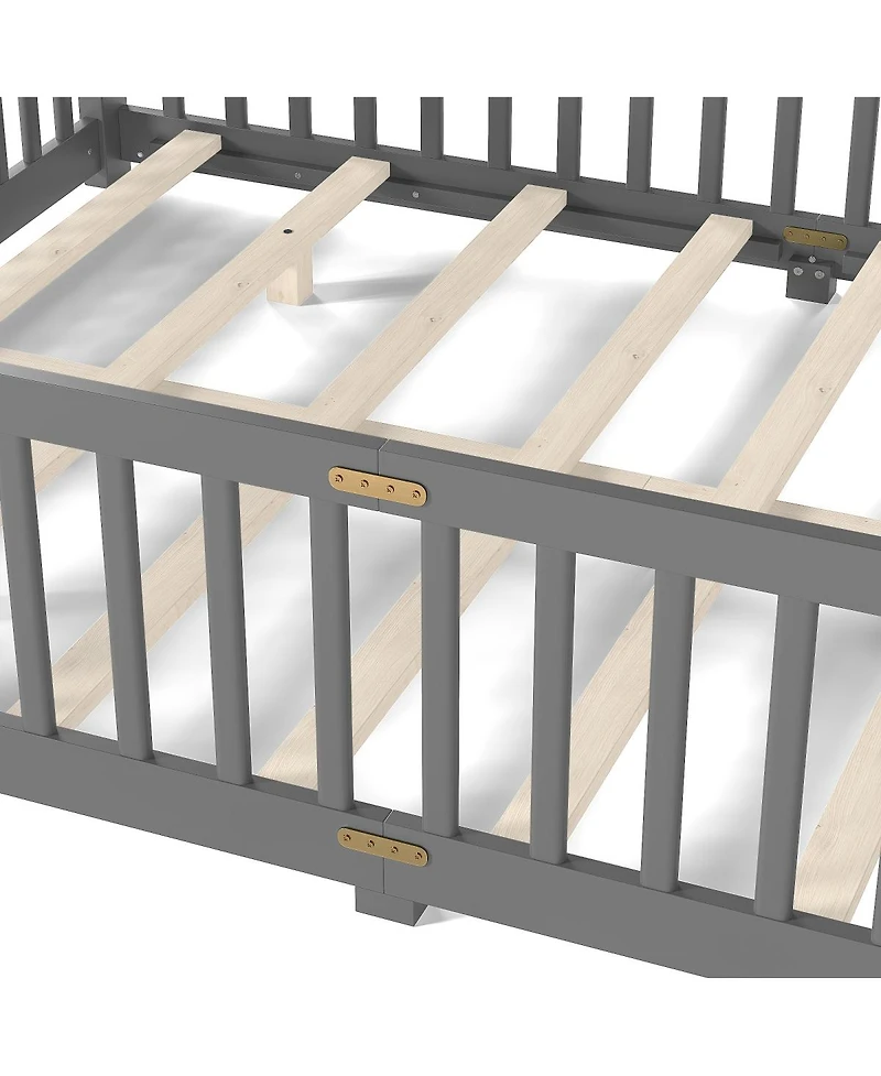 Streamdale Furniture Queen Size Bed Floor Bed with Safety Guardrails and Door for Kids