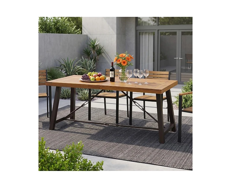 sumyeg Outdoor Acacia Wood Metal Base Dining Table with Teak Finish