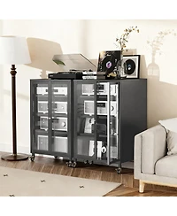 Boyel Living Tv Stand with Adjustable Shelves Tempered Glass Doors Steel Frame Wheels
