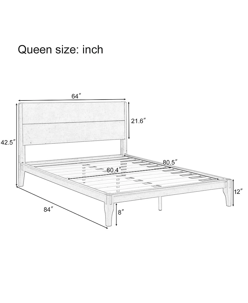 Streamdale Furniture Mid-Century Modern 12" Bamboo Queen Platform Bed with Wood Slat Support