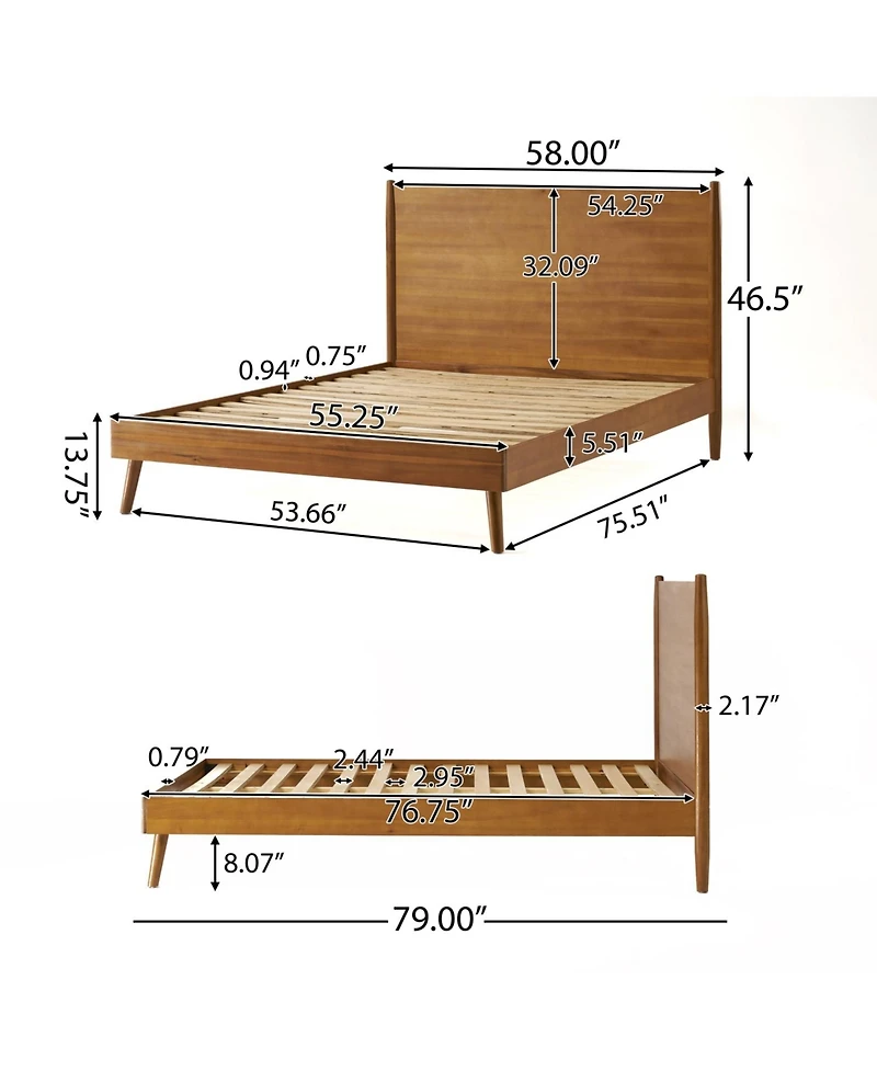 Streamdale Furniture Mid-Century Modern Bed Acacia Wood, No Box Spring