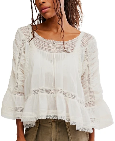 Free People Women's Lace-Trim Bell-Sleeve Scoop Neck Blouse