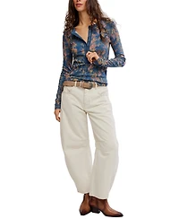 Free People Women's Printed Ribbed Henley Neck Top