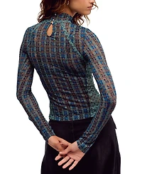 Free People Women's Sheer Floral Mesh Mock Neck Top