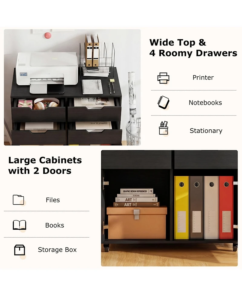 Mecale 4-Drawer File Cabinet with Cabinets and Lockable Wheels
