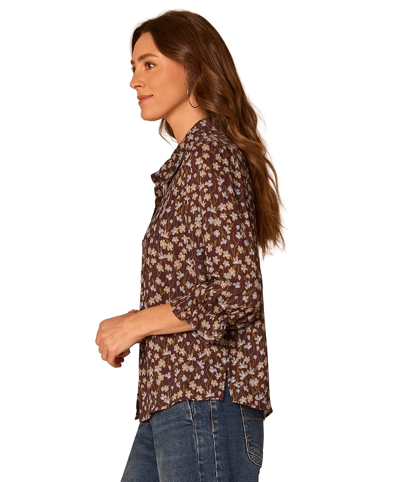 Democracy Women's Printed Scallop-Edge Collared Woven Top