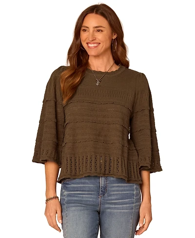 Democracy Women's Variegated-Stitch Scallop-Edge Cotton Sweater