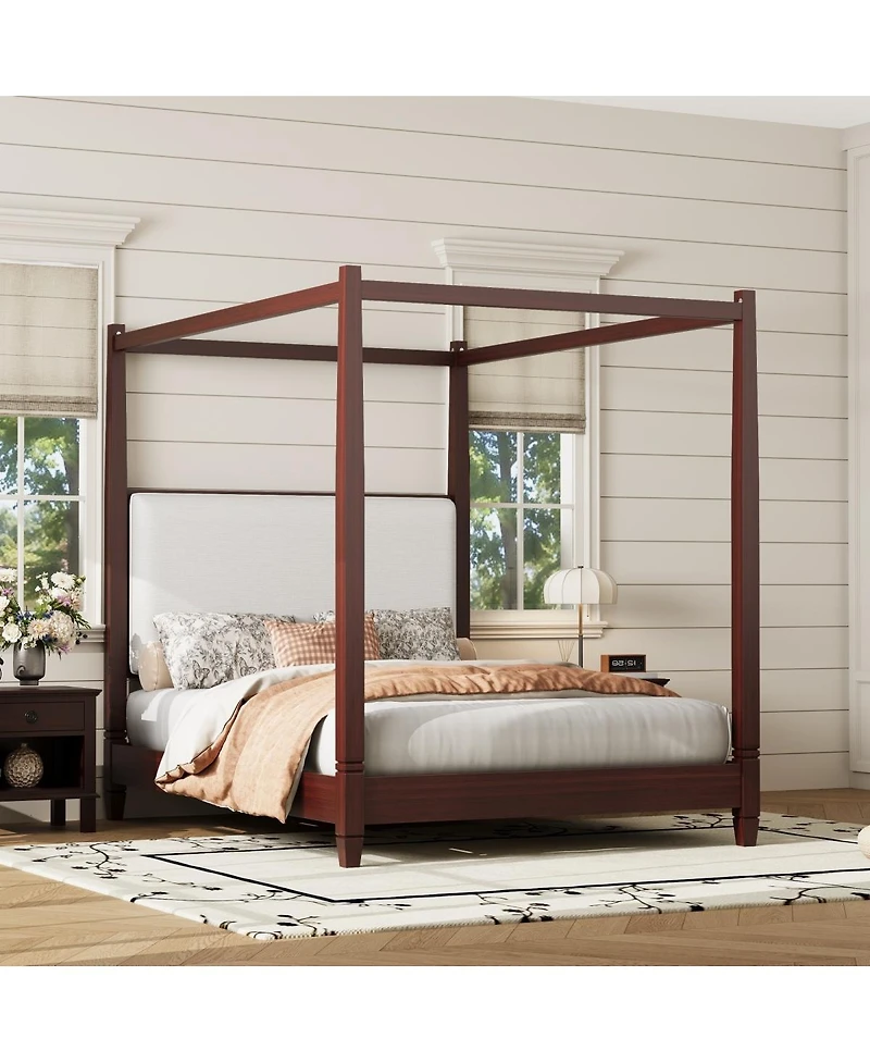 Streamdale Furniture Canopy Platform Bed, Upholstered Headboard, Espresso