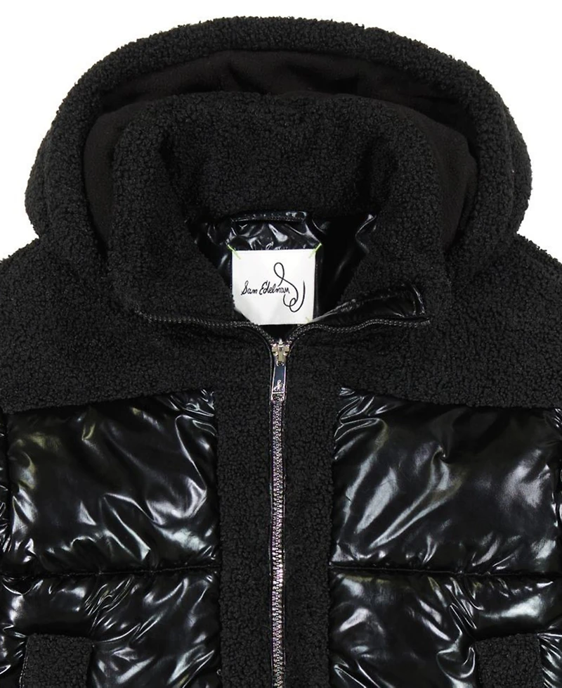 Sam Edelman Girls' 7-16 Metallic with Sherpa Hybrid Hooded Jacket