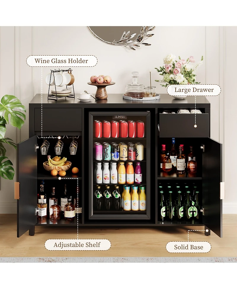 homfan 53" Bar Cabinet with Fridge Space Wine Rack and Storage Drawers, Fluted Sideboard with Charging Station for Kitchen and Dining