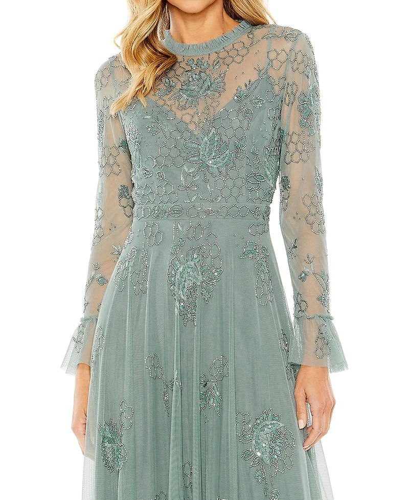 Mac Duggal Petite Beaded Embroidered Long-Sleeve Gown