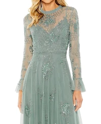 Mac Duggal Petite Beaded Embroidered Long-Sleeve Gown