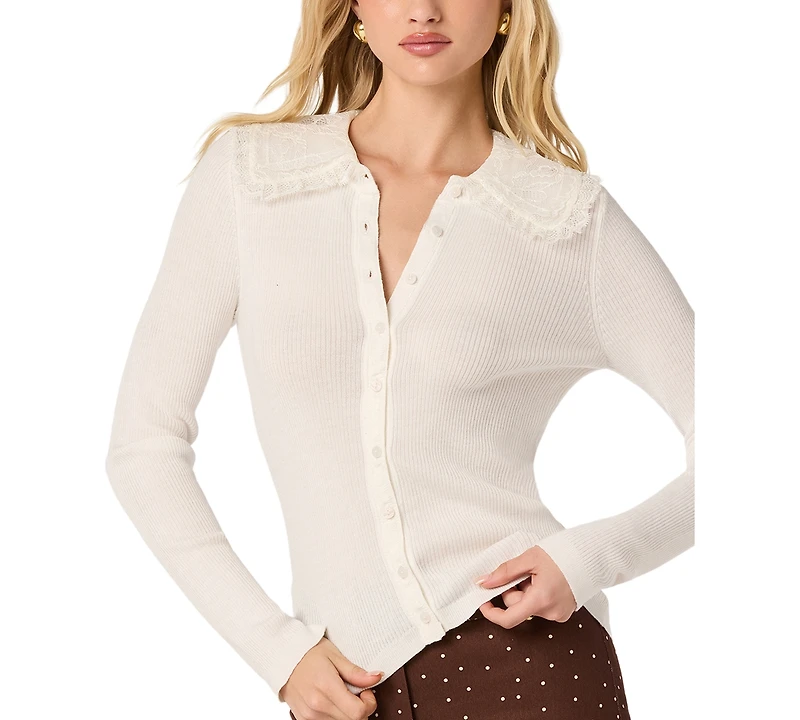 Astr the Label Women's Collared Ribbed Knit Cardigan Sweater