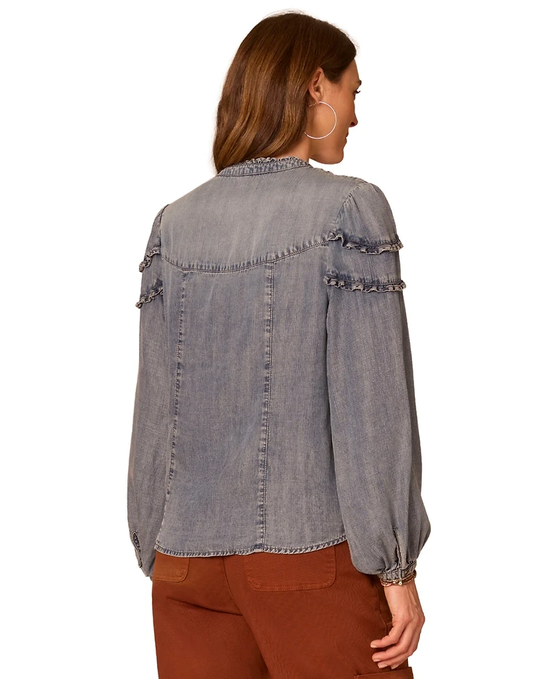 Democracy Petite Long-Sleeve Stand Collar Ruffle Top