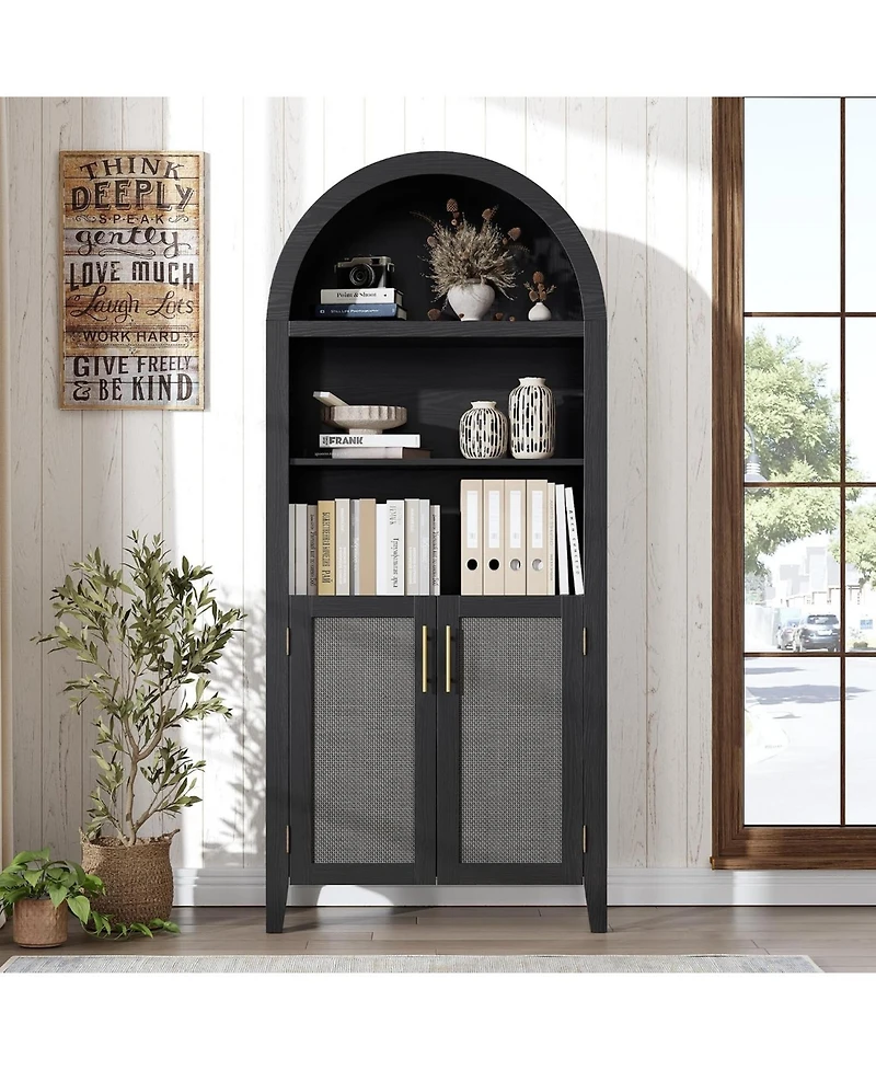 gaomon 5-Tier Open Display Shelf with Rattan Decor, Farmhouse Storage Cabinet for Kitchen