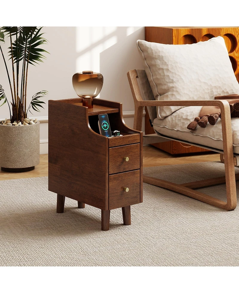 Gymax Solid Wood End Table w/ Pull-out Tray and 2 Storage Drawers Cable Management